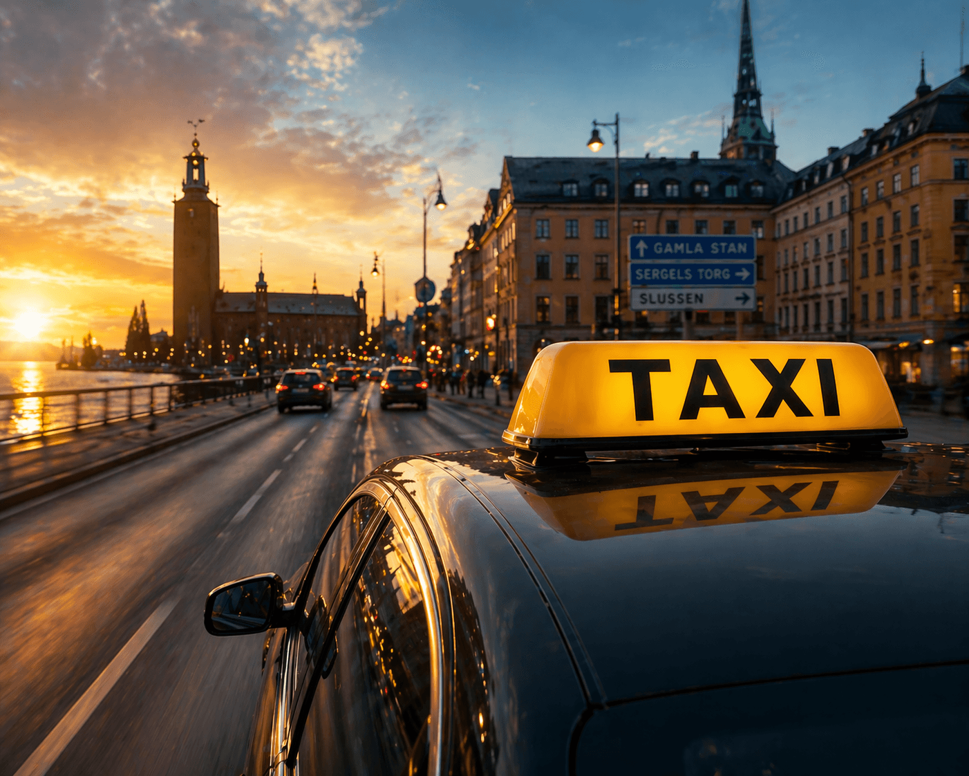 Taxi med gul taklampa på gata i centrala Stockholm i skymning